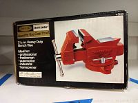 Front view of the Craftsman bench vise box showing image of vise and product details.