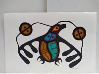 Full view of the colorful abstract bird print on white background.