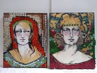 Two mosaic glass art paintings, front view showing female portraits with mixed media mosaic glass tiles on canvas