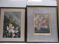 Two framed floral prints side by side on a white surface, showing overall appearance and framing.