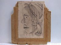 Full view of the antique drawing on cloth depicting a profile of a person wearing feathered headgear, mounted on rough, aged cloth backing.