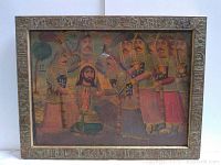 Full view of framed painting showing a group of men in traditional attire and armor with a detailed carved frame.