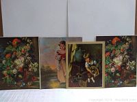 Three posters laid out vertically showing floral paintings and children in period dress