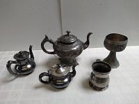 Photo showing the full pewter tea set and goblet against white background
