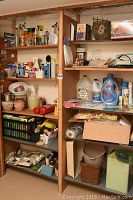 Photo showing shelves with various household cleaning bottles, light bulbs, iron, roasting pan, and garden pots