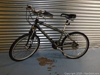 Side profile of Raleigh bicycle showing full frame, front suspension fork, tire condition and handlebars.