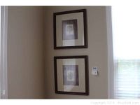 Pair of dark wood framed leaf prints, vertically hung, with double mats and glass