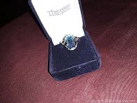 Photo of the ring in an open TitanZanite branded blue velvet box.