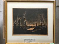 Full view of the framed pen and ink artwork titled "The Aftermath" showing the entire piece with mat and gold wood frame.