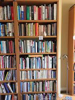 Photo showing the full height of the maple bookcase filled with books, demonstrating the number of shelves and size.