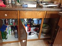 Photo showing the cleaning supplies stored in an oak kitchen cabinet under the sink, including some spray bottles, mop, bucket, and brushes.