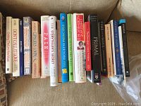 Side view of 11 self-help and coaching books lined up on a couch seat.