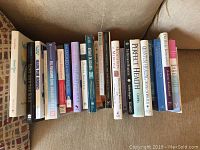 Photo of 12 self-help and mindfulness books arranged standing on a couch, showing all book spines.
