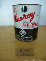 Front view of vintage 1 gallon Viceroy Anti-Freeze can showing black and white label with red text and hazard warning symbol