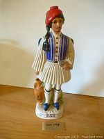 Full view of the ceramic bottle figurine shaped as a Greek man in traditional dress with a ceramic jug, on a wooden surface with a lot number tag in front.
