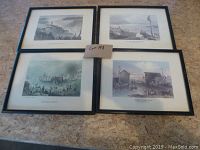 Four framed prints laid out on a surface. Each framing has a black border. The prints show historical Canadian scenes including city wharfs and waterfronts.