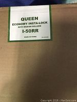 Cardboard packaging box for queen bed frame, labeled as Economy Insta-lock with medium rollers, model I-50RR.