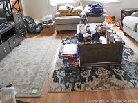 Two area rugs laid out in living room with sofa, table, and other furniture visible around them.