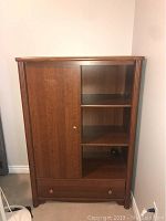 Front view of the wood hutch showing the door, shelves, and drawer.