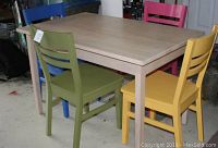 Photo showing light wood rectangular table surrounded by four colored wooden chairs (blue, pink, green, yellow) in a room with visible wear on table and chairs