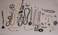 Wide shot of entire vintage costume jewelry lot arranged on a surface including necklaces, bracelets, earrings, brooches, and pins.