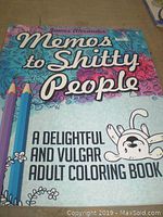 Front cover of 'Memos to Shitty People' adult coloring book showing the title, author, and tagline 'A Delightful and Vulgar Adult Coloring Book' with illustrated pencils and doodles.
