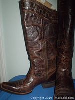 Side view of the dark brown leather Ariat cowboy boot, showing embossed design and zipper.