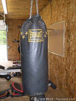 Full view of the black Everlast heavy bag hanging by chains in a workout room