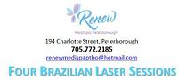 Printed voucher card showing Renew MediSpa Peterborough logo, address (194 Charlotte Street), phone (705.772.2185), email and text “Four Brazilian Laser Sessions”