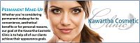 Front of gift certificate showing model’s face, Kawartha Cosmetic Clinic name, and text listing treatment options and terms