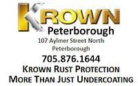 Image of Krown Rust Protection business card showing location and contact information in Peterborough, promoting rust protection service