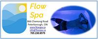 Flow Spa banner with logo, address, website, email, phone number