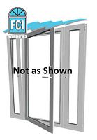 Computer-rendered illustration of a white vinyl garden door with sidelights and FCI logo, labeled 'Not as Shown'.
