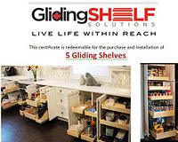 Promotional certificate image showing Gliding Shelf Solutions logo and note redeemable for 5 gliding shelves