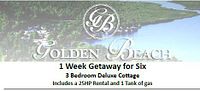 Main voucher graphic showing Golden Beach Resort logo and text detailing the week-long getaway for six in a 3-bedroom deluxe cottage with boat rental and gas