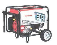 View of generator showing frame, engine, wheels and control panel