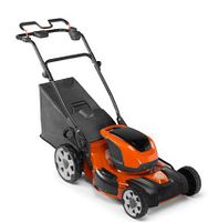Front angle view of the push lawn mower showing deck, front wheels, and grass bag