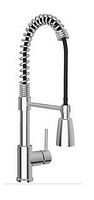 Front view of polished chrome faucet with coiled spring spout and pull-down sprayer