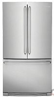 Front view of stainless steel Electrolux fridge showing French doors and bottom freezer
