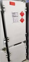 Exterior view of refrigerator secured with metal shipping brackets