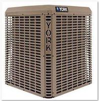 Outdoor air conditioning condenser unit with metal grille and York branding