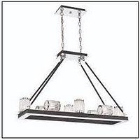 Rectangular chrome frame chandelier with eight light sockets hanging from chains