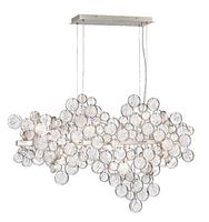 Front view of nickel finish linear chandelier with clustered clear glass discs