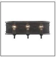 Front view of bronze mesh 3-light vanity fixture showing industrial cage design and three exposed bulbs
