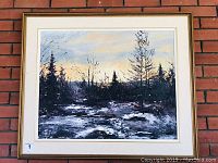 Full view of the framed oil painting showing the winter forest landscape scene.