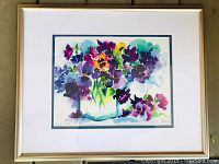 Full front view of the framed watercolor showing pansy bouquet in vase