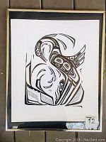 Framed original black pen drawing showing entire artwork and frame