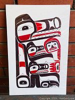Full front view of the original pen and ink drawing in black and red ink, showing the West Coast Indian design on white paper.
