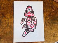 Full view of the original drawing showing the entire dogfish design on white paper with signature at the bottom.