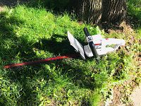 White cordless hedge trimmer with black auxiliary handle and red 22 inch cutting blade resting on grass.